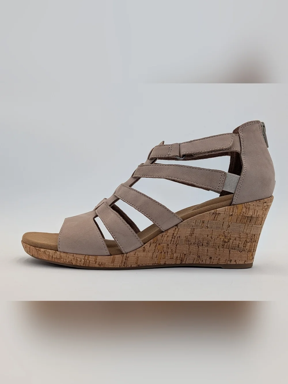 Rockport Briah Gladiator Sz 10 truTECH Taupe Strappy Cork Wedge Sandals Back Zip